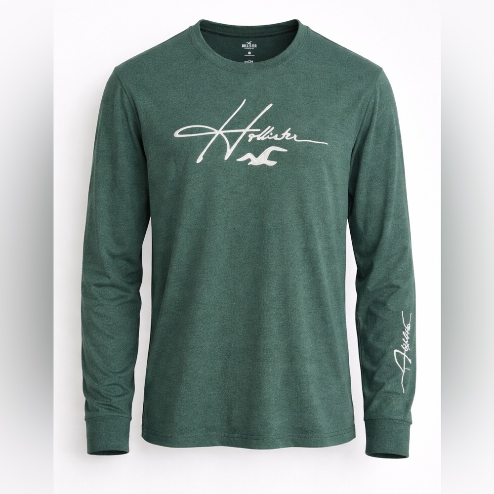 Hollister Green Long Sleeve Logo Tee Medium Like New